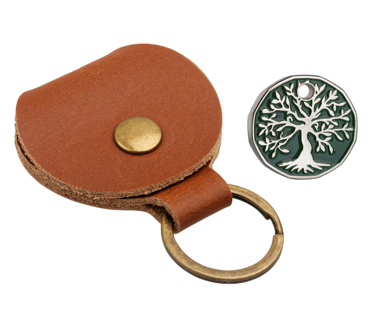 Harts Unisex Brown Genuine Tan Leather Pound Pouch With A Trolley Token Of Your Selection Fob Keyring Pound Pouch Keychain Key Ring Holder (Green Tree)