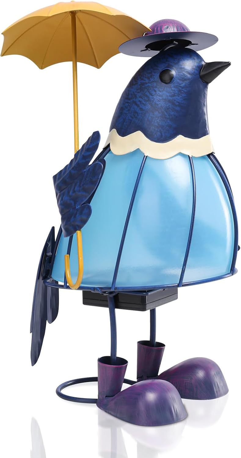 MUMTOP Solar Outdoor Lights Garden Decor, Cute Bluebirds Waterproof Solar Powered LED Light Metal Bird Holding Yellow Umbrella Yard Art Ornament for Patio Outside Lawn Backyard Balcony Decorations