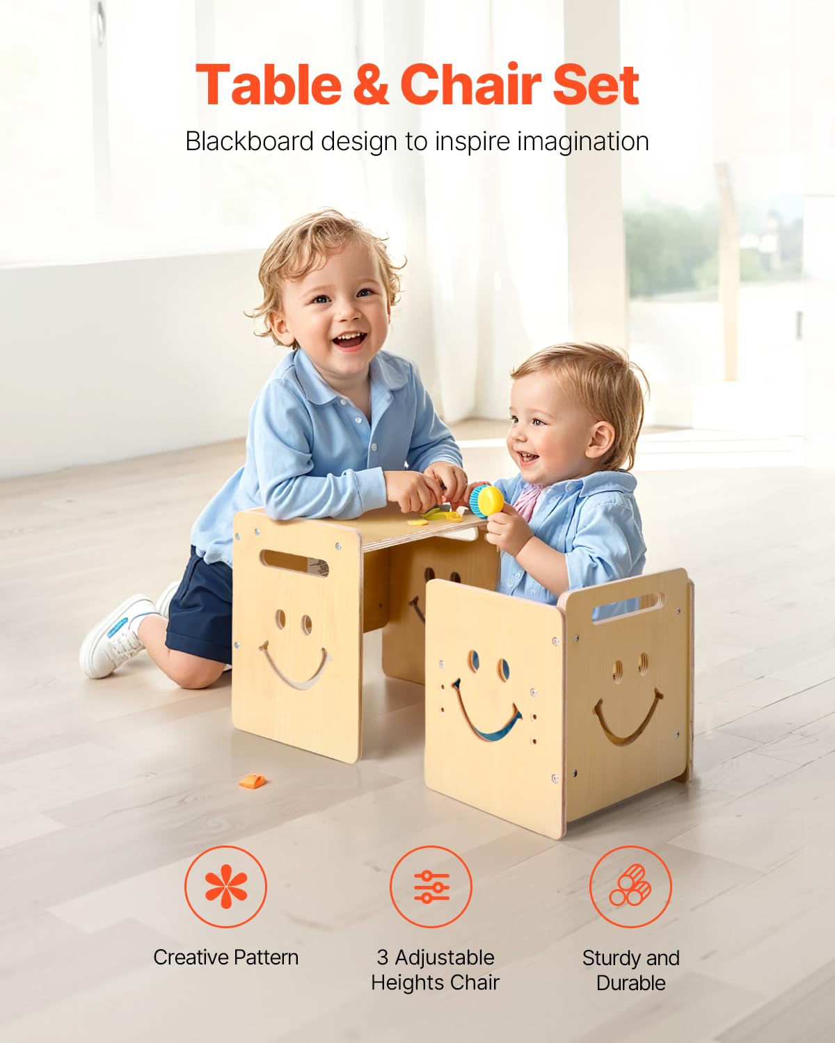VEVOR Set Tavolo e Sedia per Svezzamento in Legno per Bambini 424 x 300 x 385 mm, Sgabello Regolabile 345 mm