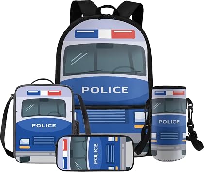 Cozeyat Police Car Boys Backpack with Lunch Box Kids Bookbag with Lunchbox Cute Preschool Backpack Set for Kids Large Capacity 4 Pcs Schoolbag Set for Elementary Kindergarten Daypack