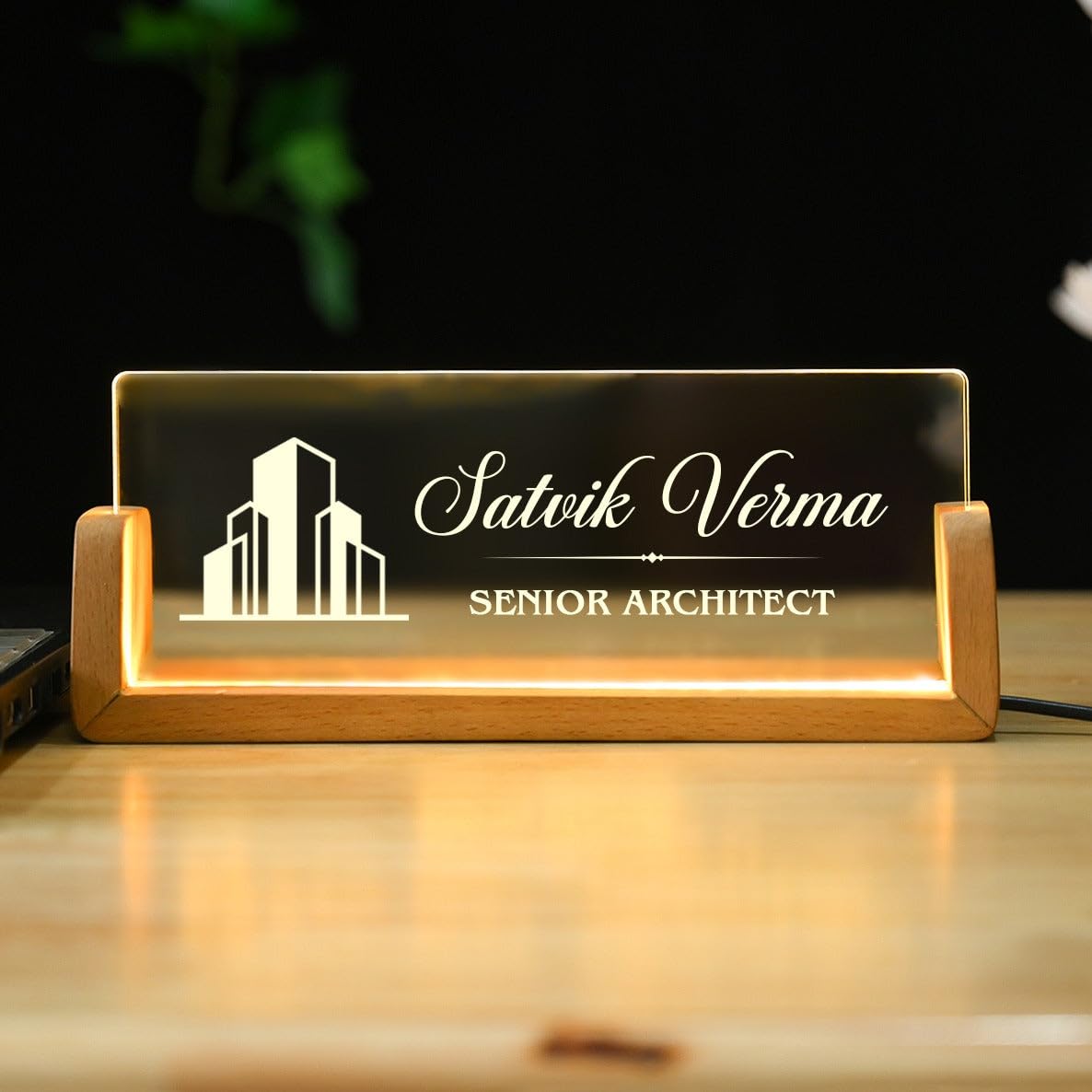 ChitraChaya Architect Desk Nameplate with LED Light - Multicolor Acrylic & Teak Wood - 9.5x3.5x2.5 Inches-image-30