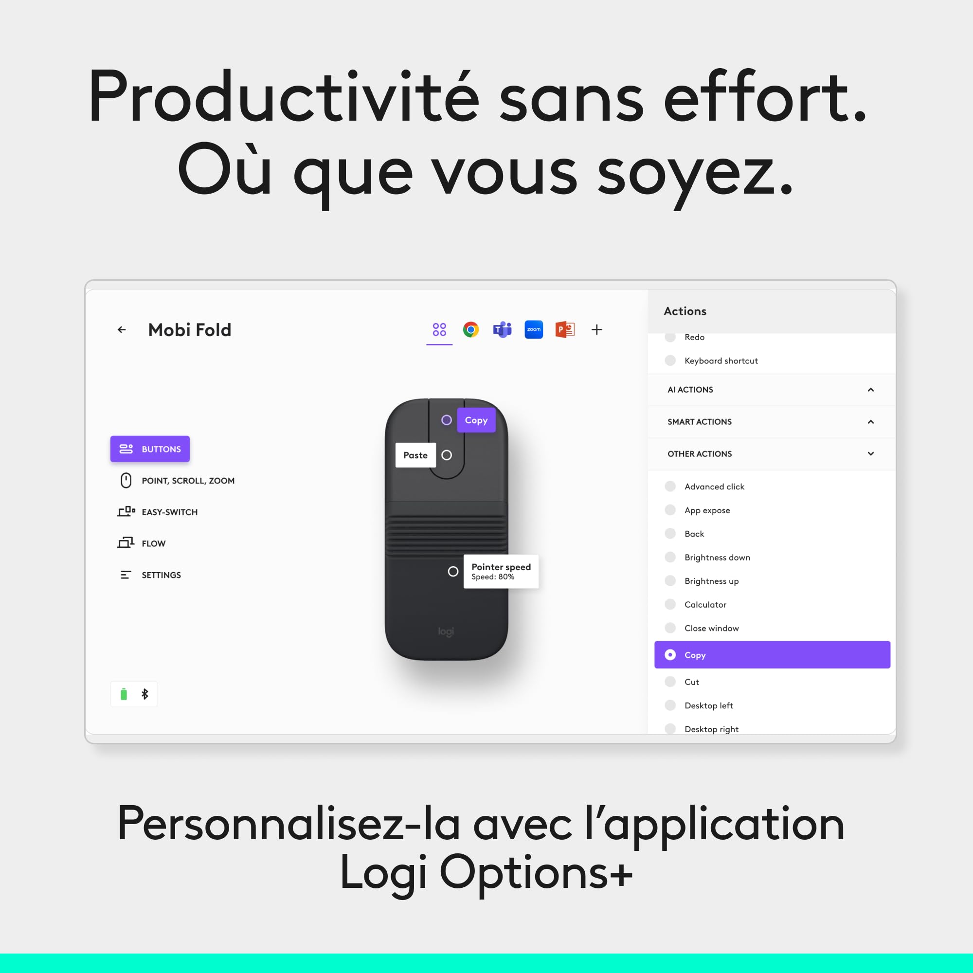 Logitech Mobi Fold, Souris de Voyage ultraportable, Petite et légère, défilement Tactile, clics discrets, DPI 4K, Bluetooth, pour Windows PC, Mac, Chromebook, Android, iPad - Graphite