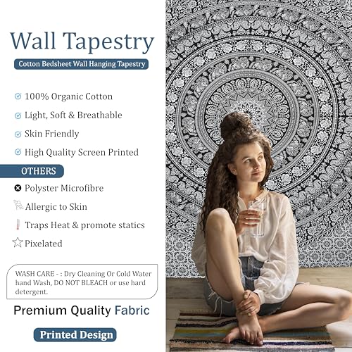 Image of Craft Trade 84x90 Inches Black and White Cotton Mandala Ombre Wall Hanging Tapestry
