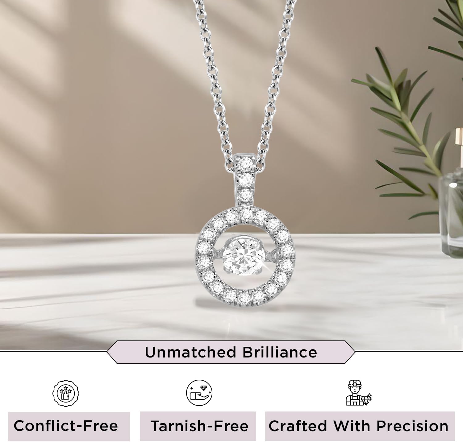 Jewelili Sterling Silver Dancing Lab Grown Diamond Round Pendant Necklace for Women | 1/2 CTTW | 18" Cable Chain | Dancing in Rhythm Circle Halo Pendant |Timeless Jewelry | Gift Box Included