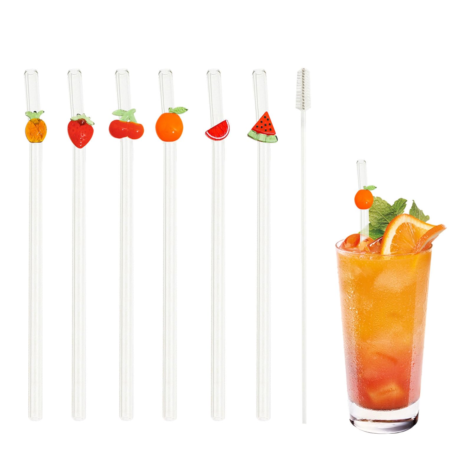 6 PCS Reusable Glass Straws with Charms, 7.9" Clear Glass Drinking Straws with Fruit Decor, Bent Smoothie Straws for Cocktails, Coffee, Juice, Milk, Includes Cleaning Brushes, Dishwasher Safe