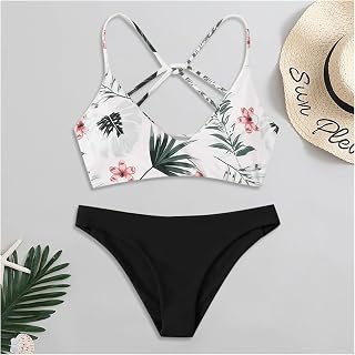 Biquíni de 2 peças Mulheres Folha Aleatório Impressão Bikini Set Push-up Swimsuit Beachwear Padded Swimwear Купальник женский Maillot de Bain (Color : Black, Size : S)