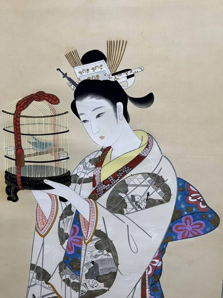 Amazon.co.jp: 雅岳「美人図」古い掛け軸掛軸 肉筆 絹 日画 美術