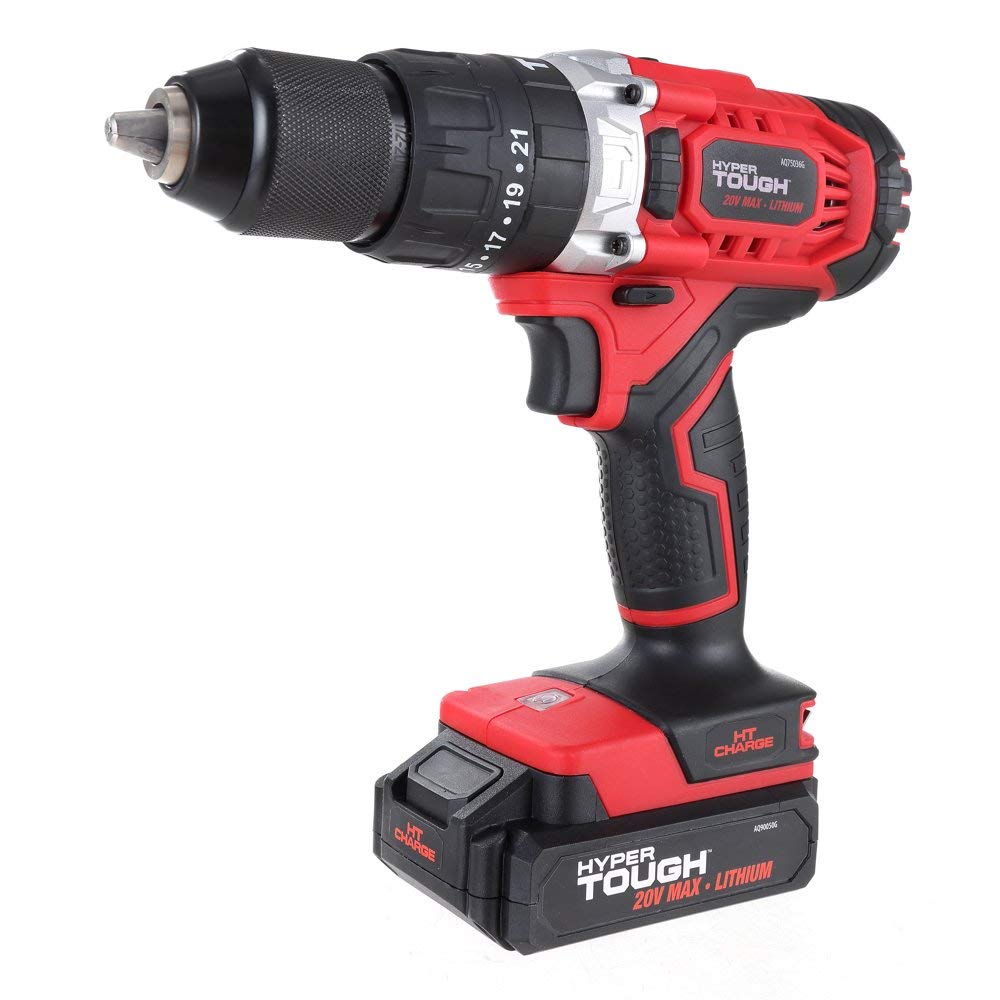 Hyper Tough20V MAX Cordless Hammer Drill, 1/2-in. Chuck, 2 Speeds w/1.5Ah Lithium-Ion Battery & Charger, Bit Holder & LED Work Light