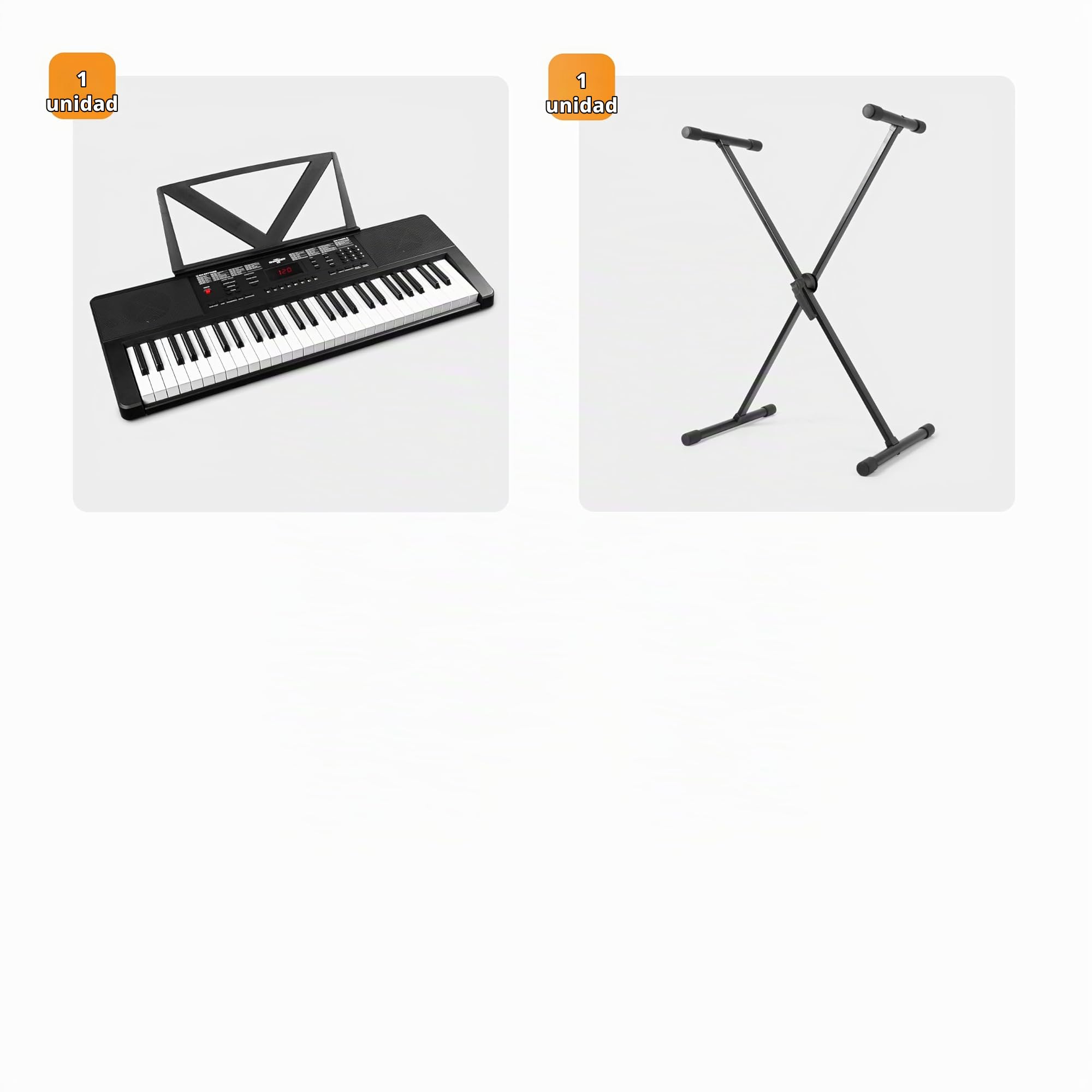 MAX Rhapsody54 - Piano eléctrico de 54 teclas para principiantes, teclado con función de aprendizaje, pantalla, 50 canciones de demo, 300 sonidos, 8 percusiones, altavoces, soporte de teclado y atril