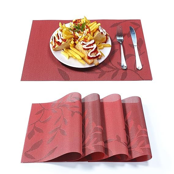 HRK ENTERPRISE Durable Placemats for Dining Table PVC Woven Vinyl Placemats Set of 4/6 Heat Insulation Washable Indoor Outdoor (RED, Set of 4PCS)