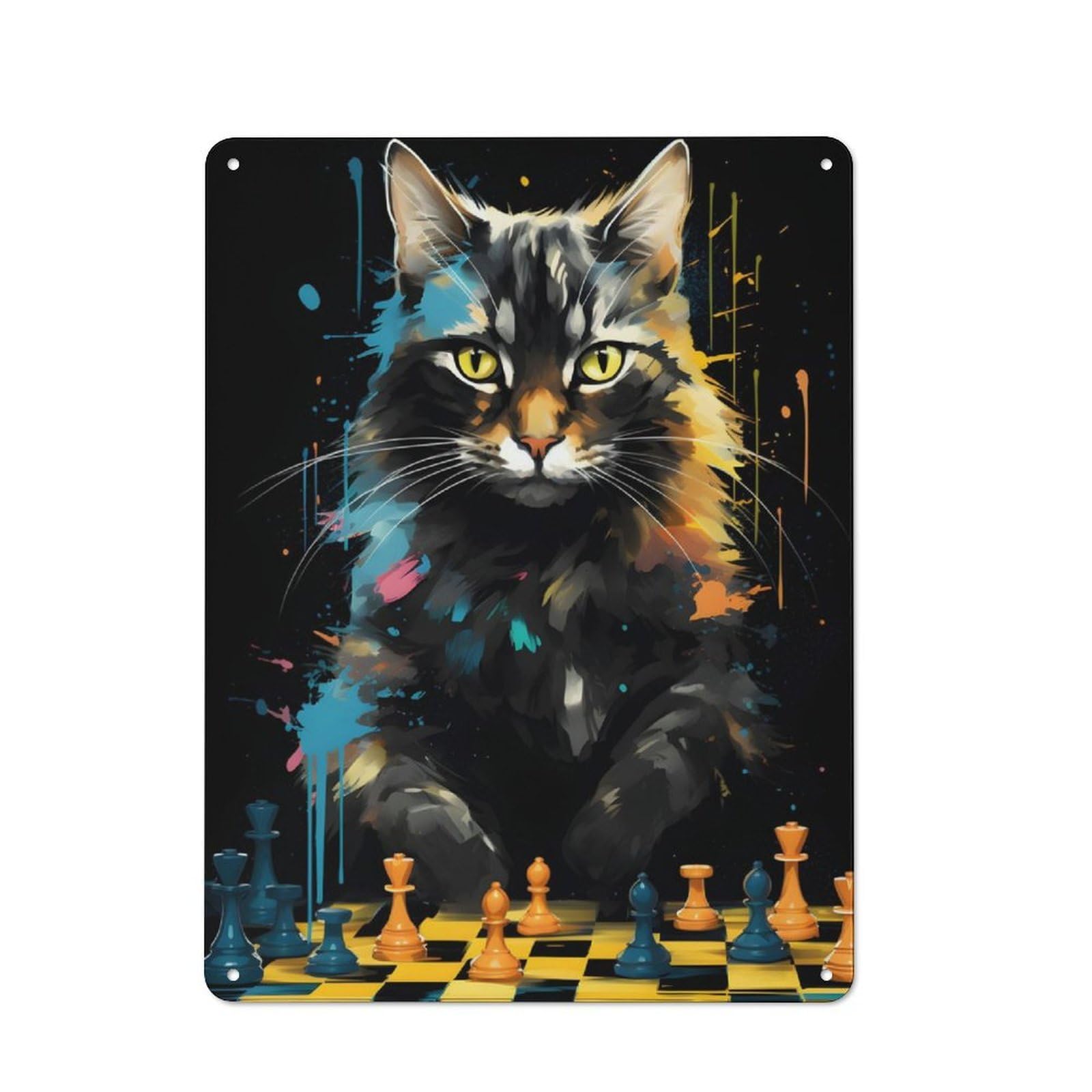 Junmoney Cat Chess Master Portrait Metal Wall Sign 40X30cm Featuring For Hallway Wall, Suited To Wall Display Collectors
