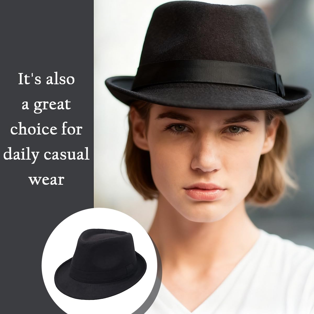 Men Classic Manhattan Structured Gangster Trilby Fedora Hat Black - Image 6