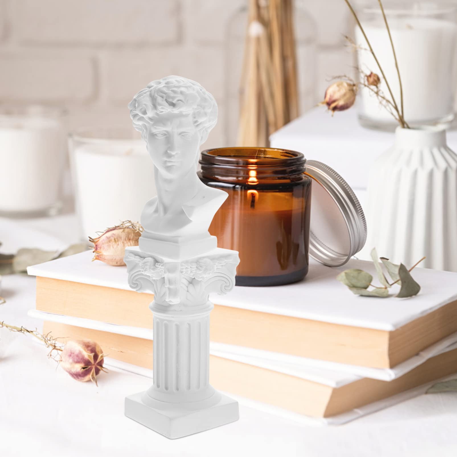 HOMSFOU Statua Greca David in Resina 5.31 Pollici Con Colonna Romana Decorazione Leggera Per Casa Ufficio Giardino Stabile E Facile Da Trasportare