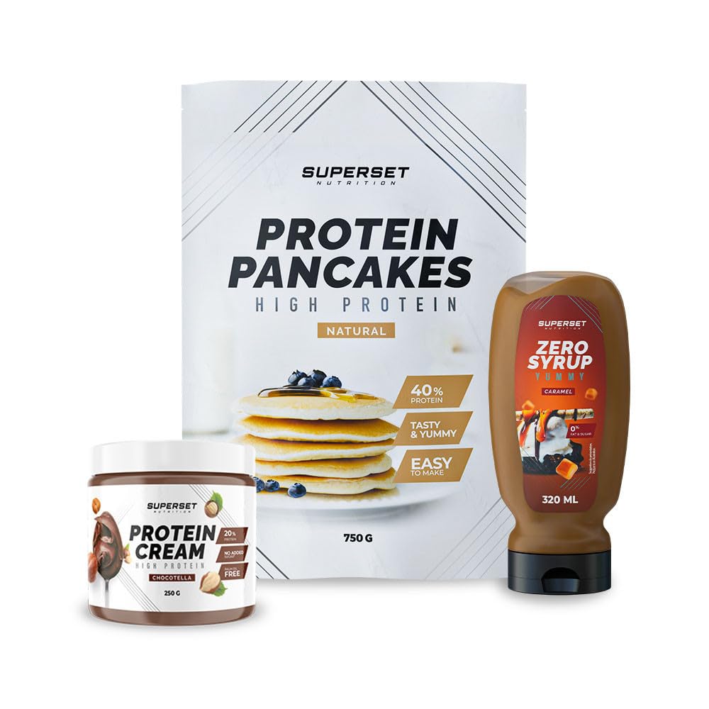 Superset Nutrition | Pack Petit-déj – Pancakes Nature - Protein Cream Chocotella + Zero Syrup Caramel | Les must-have du petit-déjeuner !