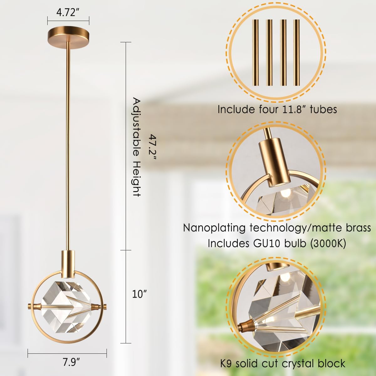 Crystal Pendant Light Fixture, Modern Dimmable Pendant Kitchen Island Light, Matte Brass Small Chandelier Hanging Lighting with Cube Pendant for Dining Room Bedroom Bathroom