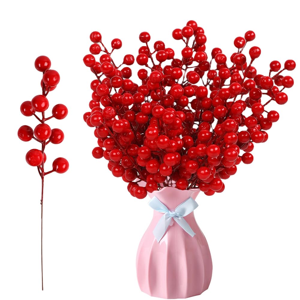 Baies rouges artificielles à tige flexible de 20cm, décoration de fêtes longue durée