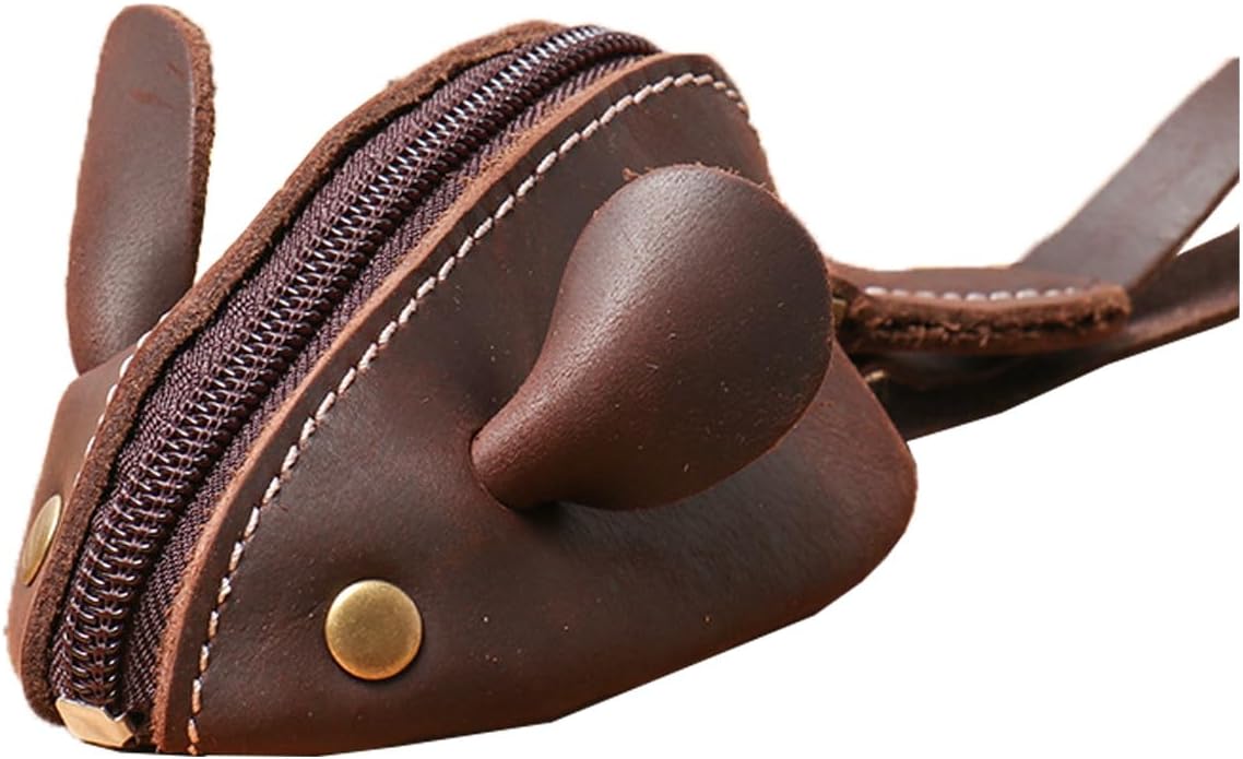 Genuine Leather Mouse Coin Handmade Includes Purse Rustic Leather Coin Purse Change Purse with Zipper Coin Organizer for Keys Change Headphones (Coffee)