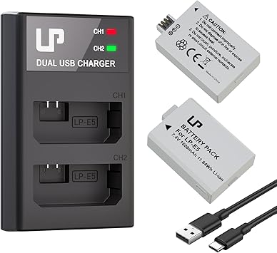 LP LP-E5 Battery and Charger Pack, 2-Pack 1600mAh LP E5 Replacement Battery and Dual USB Slot Charger for Canon EOS Rebel XS, Rebel T1i, Rebel XSi, 1000D, 500D, 450D, Kiss X3, KissX2, KissF and More