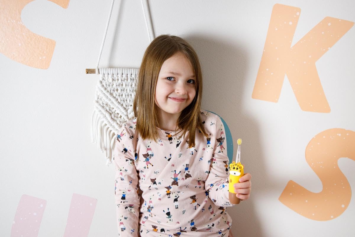 innoGIO Giogiraffe Elektrische Zahnbürste für Kinder, 7 Farben, Silikongriff, 4 Modi, Timer 2 min, geeignet für Kinder zwischen 2 und 12 Jahren, Gelb, AAA-Batterie nicht enthalten (Kopf im