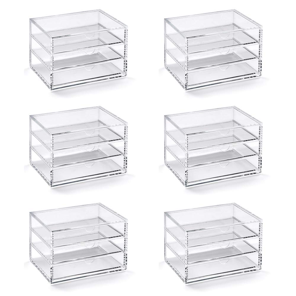 OSCO Clear Plastic 3 Drawer Chest, Transparent Desktop Storage Unit for Business Cards, Stationery or Cosmetics, Durable High-Grade Plastic, H11.4 ร W16.5 ร D12.2 cm, 6 Pack โ image 1