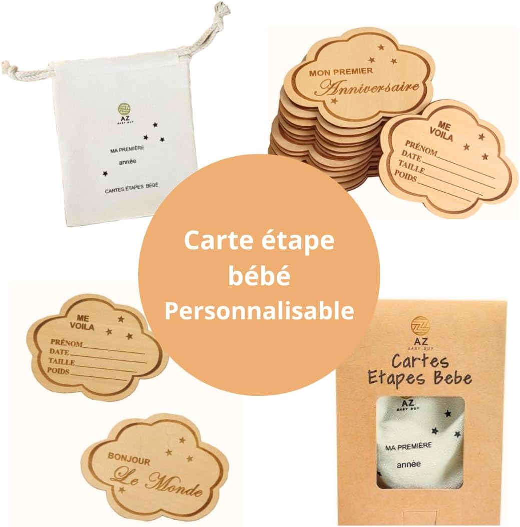French Wooden Baby Step Cards – 26 Moments from Birth to 1 Year on 13 Cloud-Shaped Discs Engraved on Both Sides – Baby Milestone Photo Props – Parents to Be Gift – Baby Shower
