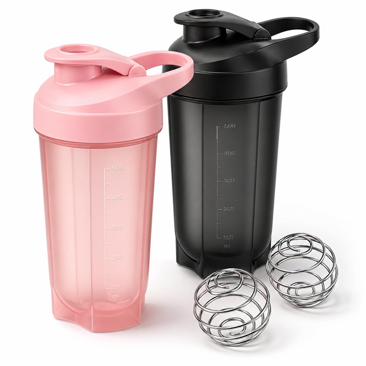 2 sztuki shaker do białka, 500 ml, kubek z kulką do blendera i skalą do picia, szczelny i odporny na uderzenia – butelka do fitnessu do uprawiania sportu, treningu i podróży (czarna + różowa)