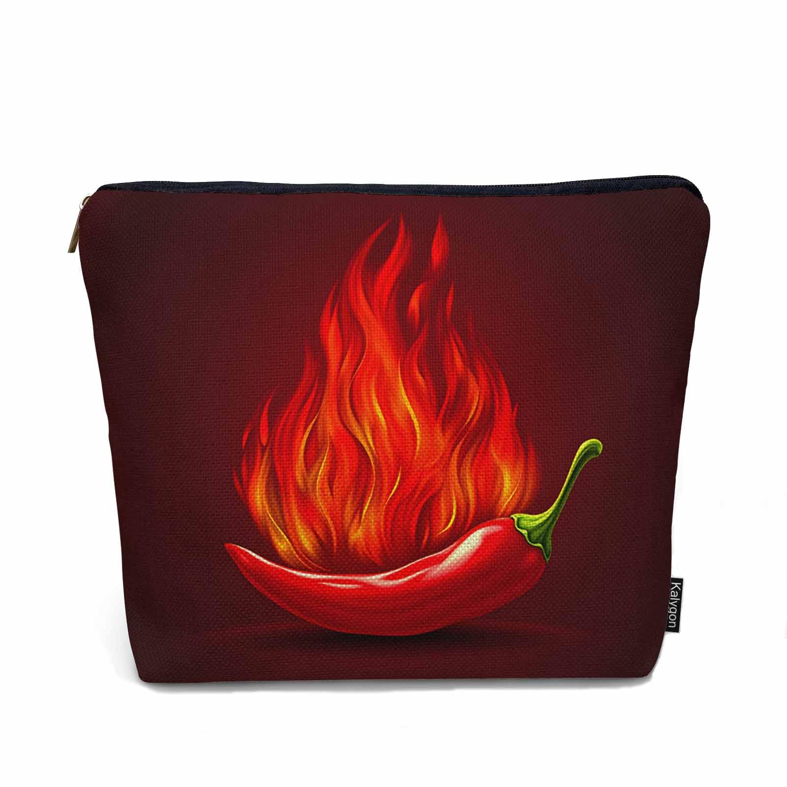 Kalygon Chili Pepper Cosmetic Travel Bag For Toiletries, Fire Hot Spicy Red Chili Pepper Makeup Bag Toiletry Bags For Women, Flax Cosmetic Bags Make