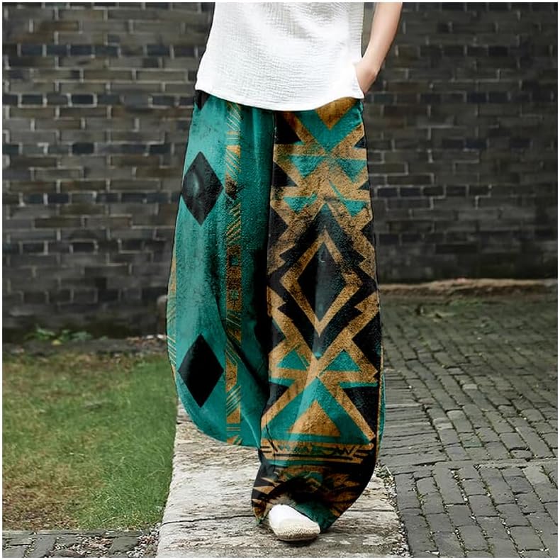 ZOCAVIA Womens Aztec Print Lantern Pants Western Causal Cotton Linen Wide Leg Pants Waist Elastic Hippie Trouser with Pockets