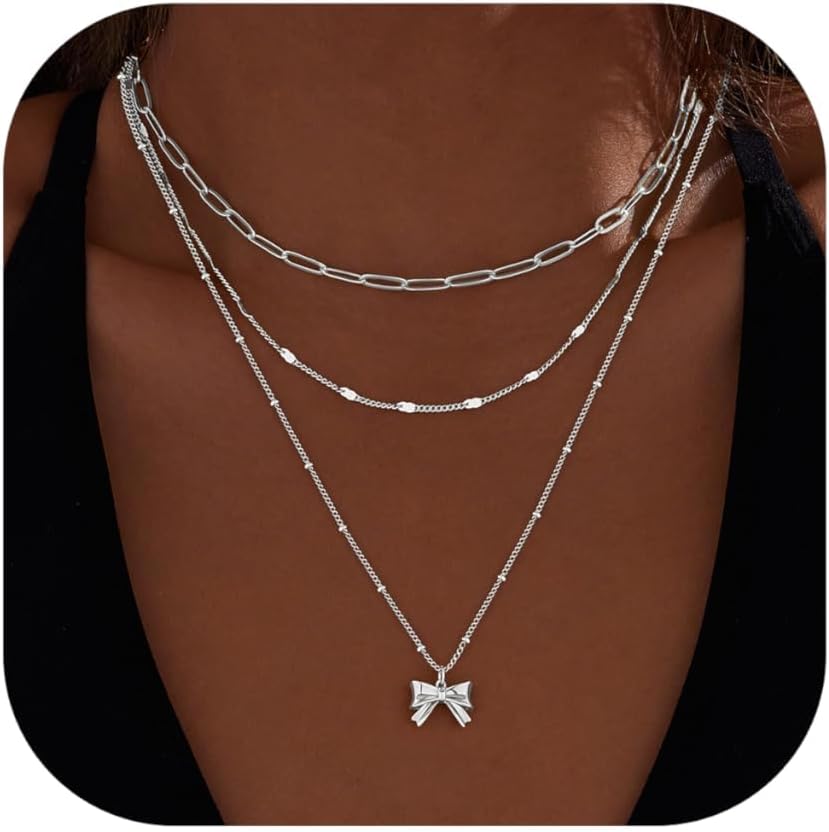 Layer Necklaces for Women, Stackable Dainty 14K Gold Silver Plated Trendy Circle Paper Clip Chain Pendant Choker Necklace Simple Bow Jewellery Set Gifts