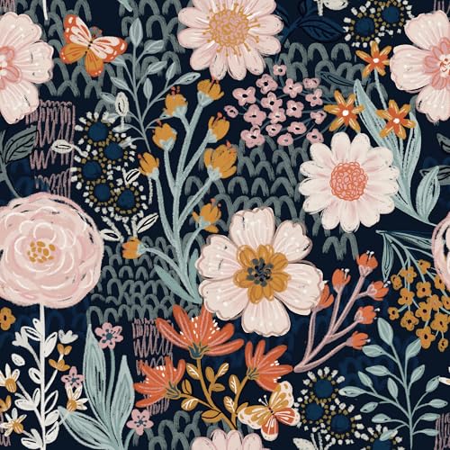 Willowix Dark Blue Peel and Stick Wallpaper Navy Floral Contact Paper 17in x118in Boho Vintage Floral Wallpaper Pink Flowers Self Adhesive Removable Wall Paper for Bathroom Kitchen Cabinets Decorative