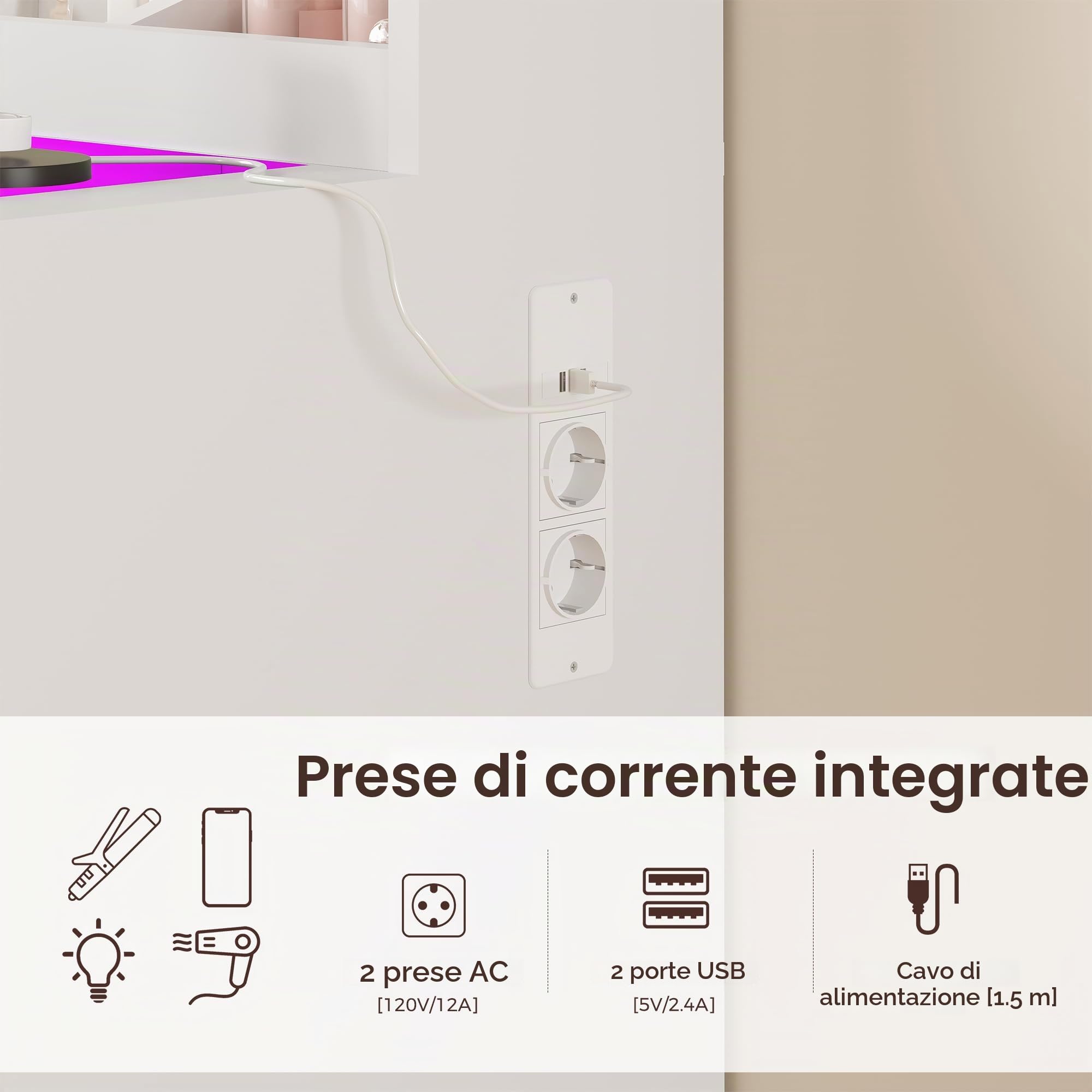 ANWBROAD RGB Toeletta da Trucco con Specchio e Luci LED Regolabili, Bianca