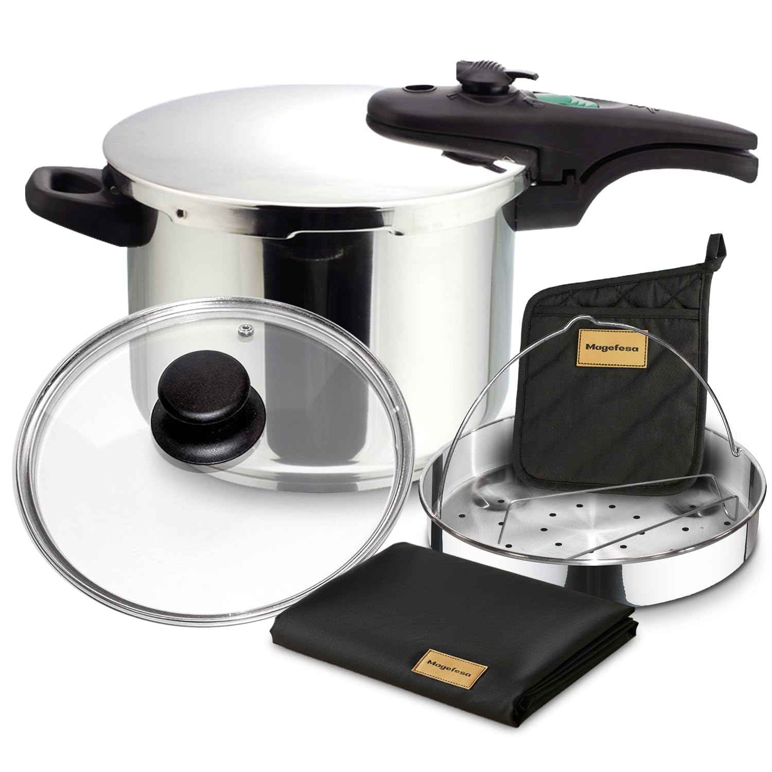 Magefesa Athenas - Pack Exclusivo Olla Express Rápida de 6L + Cestillo + Tapa de Cristal + Paño + Tomaollas, Acero Inoxidable 18/10, Para Inducción, Fondo Termo-Difusor
