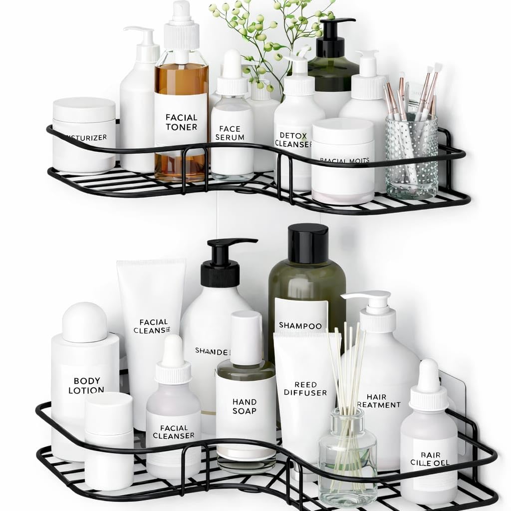 Metal Pack of 2 Self-Adhesive Shelf/Storage Organizer for Bathroom and Kitchen Corner Wall Mounted Rack Shelf Bathroom Accessories Storage Rack No Drilling-Shelf Adhesive