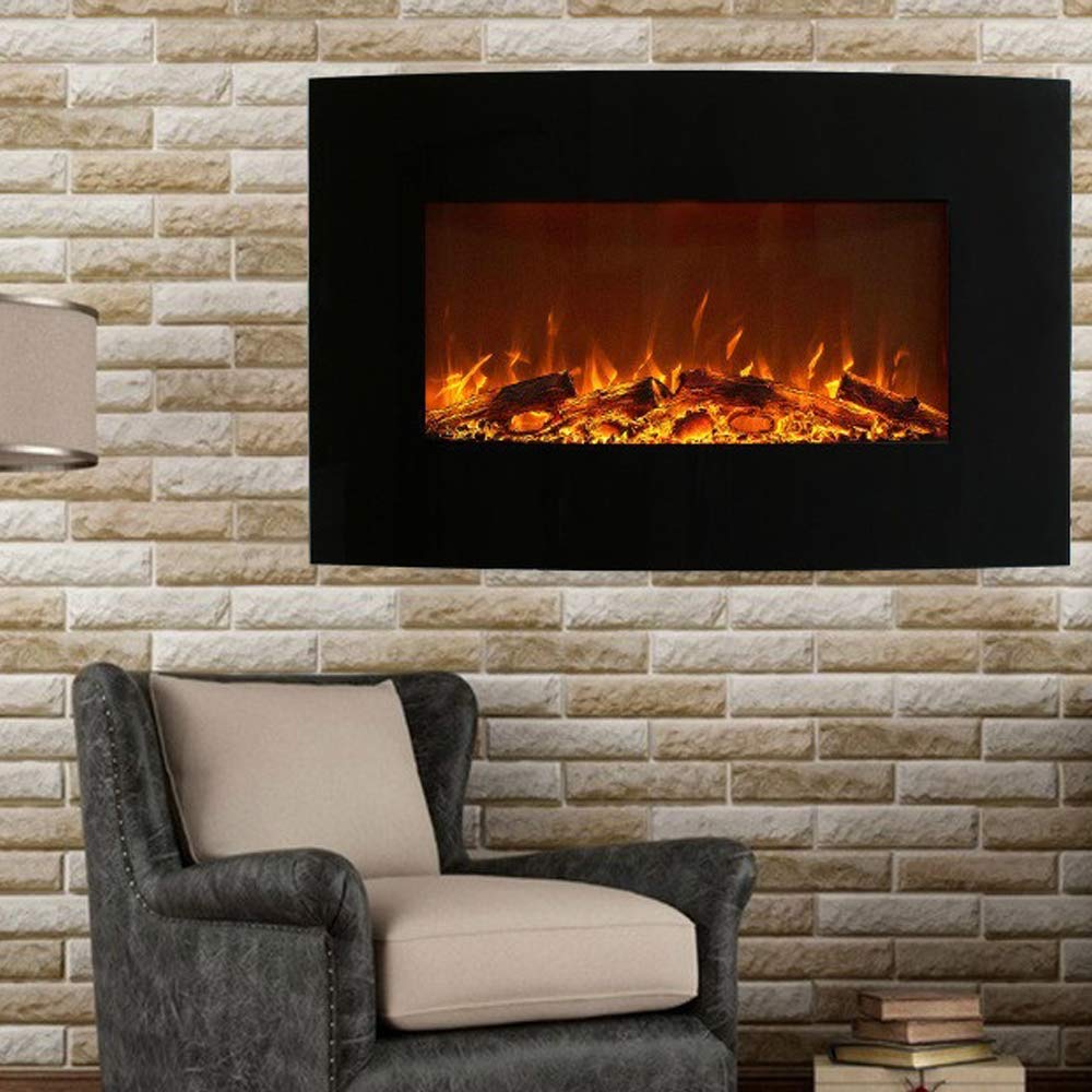 Cheminée Électrique Murale Effet Flammes LEDs - Noire - Chauffage 2000W - 90 x 55 cm - Télécommande - Thermostat électronique