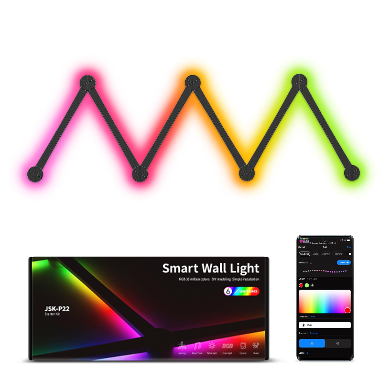 elice Luces de pared inteligentes Wi-Fi, 6 piezas, sincronización musical, multicolor, más de 40 escenas dinámicas, funciona con Alexa y el Asistente de Google, barra de luz LED para decoración del