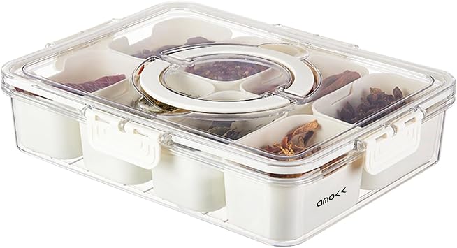 amokk Divided Serving Tray with Lid and Handle Snackle Box Charcuterie Container Portable Snack Platters Organizer for Candy, Fruits, Nuts, Snacks, for Party, Entertaining, Picnic 8 Compartments