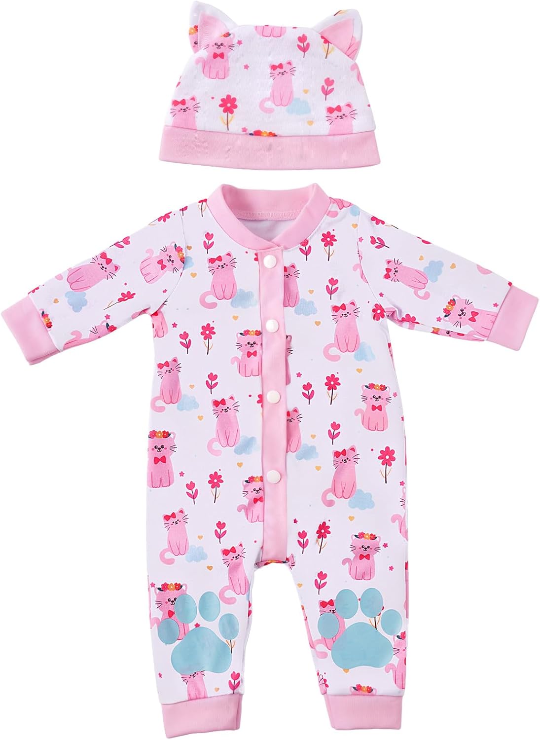 BABESIDE 2 Pcs Reborn Babys Doll Clothes for 17-22 Inch Baby Dolls, Pink Cat Pattern Reborn Baby Dolls Accessories Set with Hat, for Reborn Doll Girls Boys (Dolls not Included)