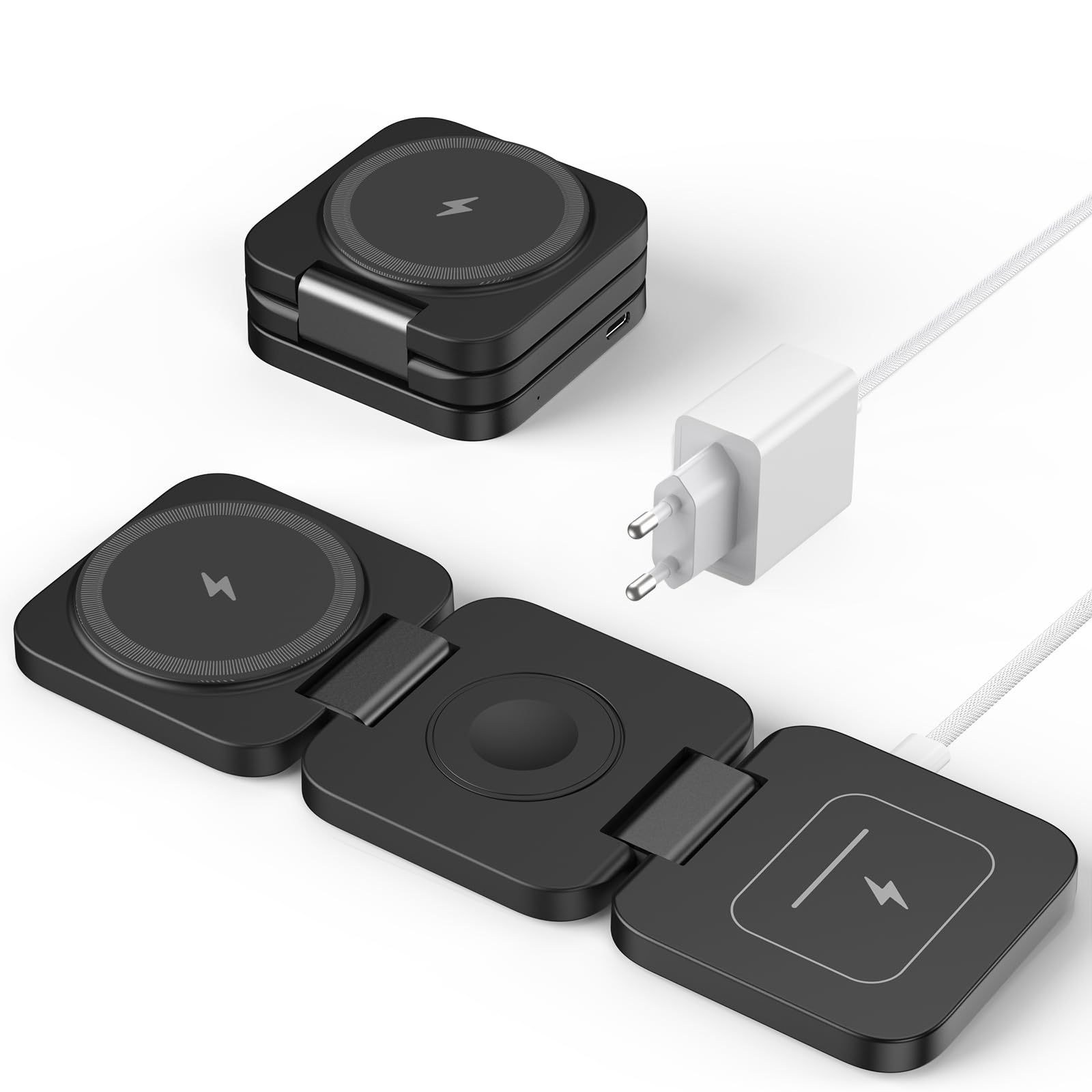KU XIU 3-in-1 Induktive Ladestation Kompatibel mit Magsafe Ladegerät | Ladestation für iPhone 17/16/15/14/13/12, Faltbare Reisen Wireless Charger für Apple Watch und AirPods(Adapter inklusive)