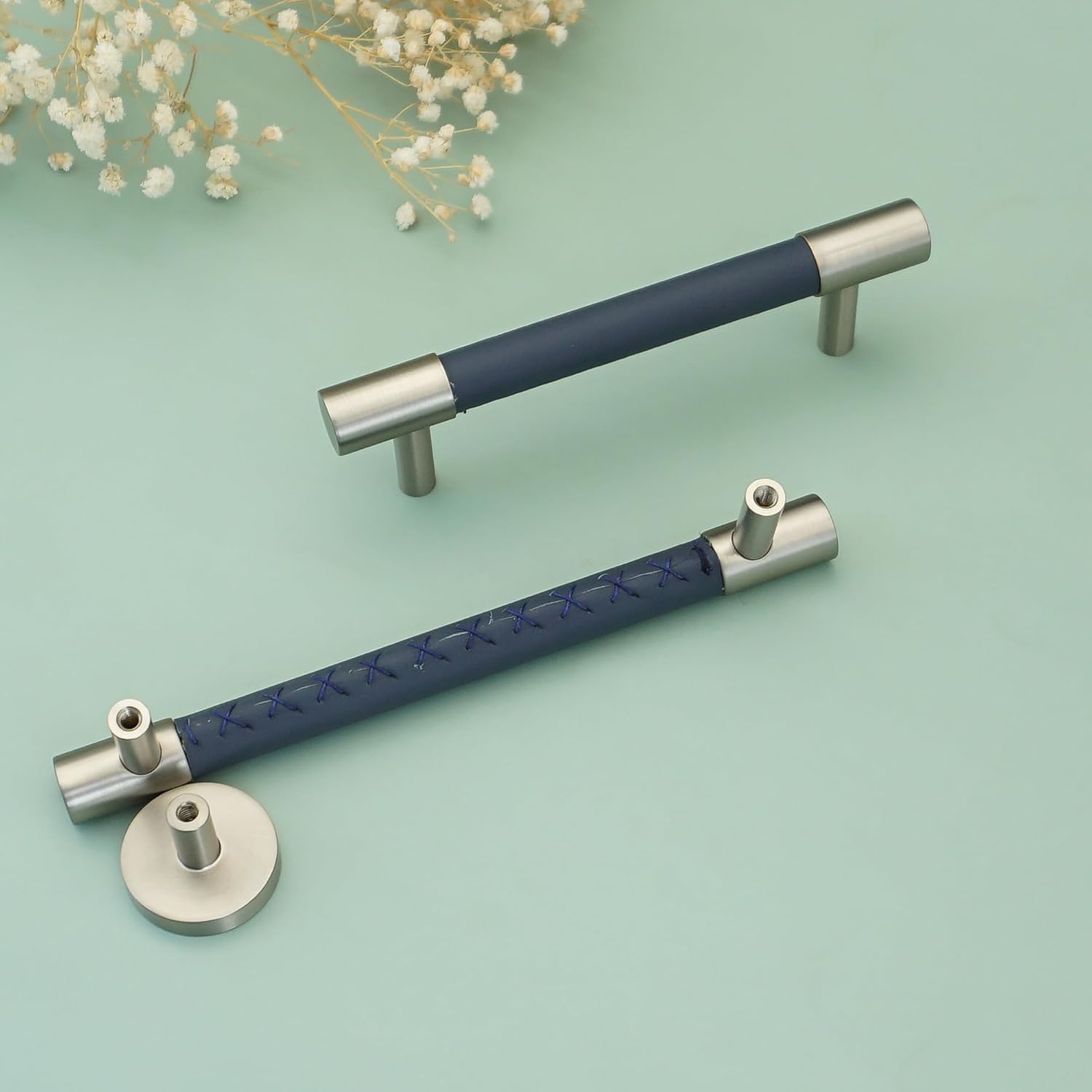 MFYS Blue Leather Drawer Pull Handle for Cabinet Brass Nickel Dresser Knob Handle for Kitchen or Bathroom (Round knob)