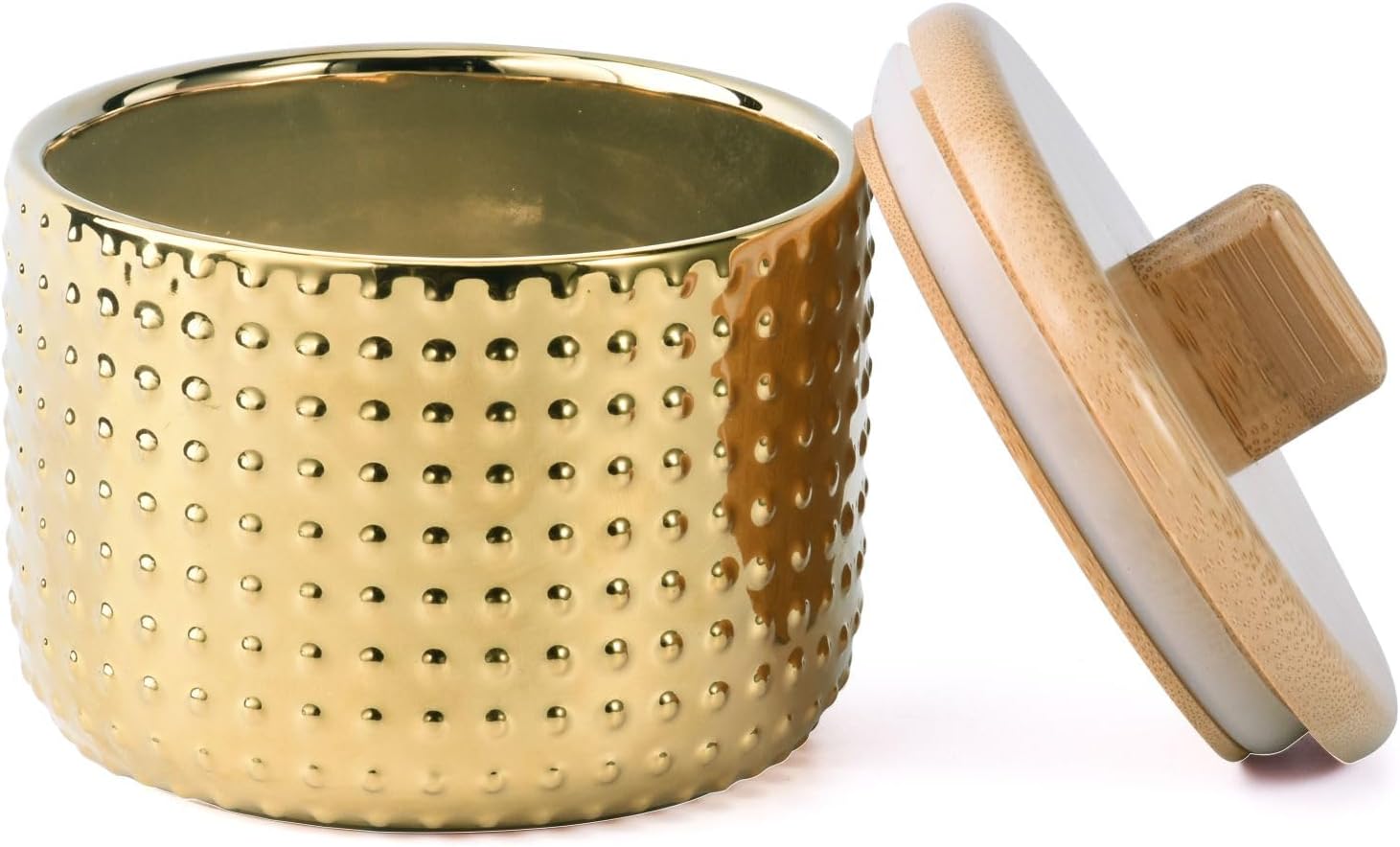 Salt Cellar Keeper with Bamboo Lid, 14oz Big Capacity Ceramic Sugar Bowls Pepper Box, Golden Water Dot Seasoning Container Condiment Pot for Kitchen (Gold Color)