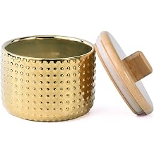 Salt Cellar Keeper with Bamboo Lid, 14oz Big Capacity Ceramic Sugar Bowls Pepper Box, Golden Water Dot Seasoning Container Condiment Pot for Kitchen Gold Color
