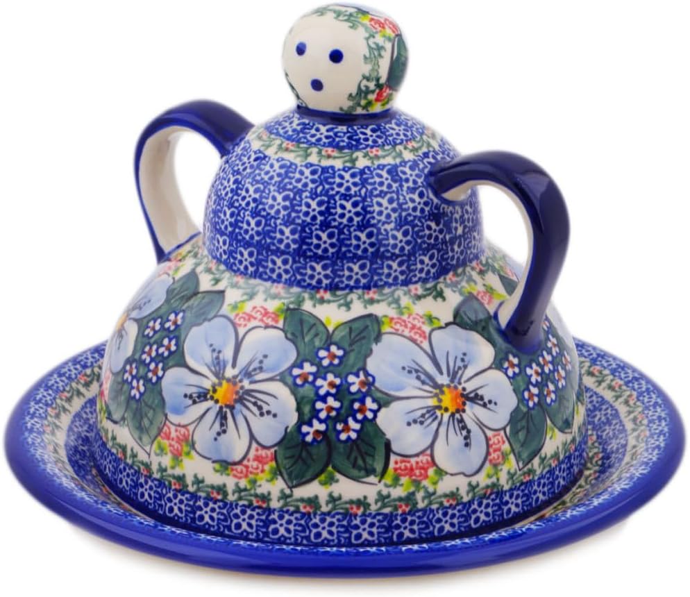 Polmedia Polish Pottery Cheese Lady UNIKAT - Floral Dream Pattern Handmade in Boleslawiec Poland + Certificate of Authenticity