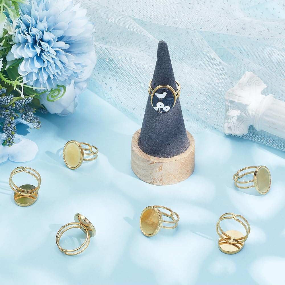 Beebeecraft 1 Box 8Pcs Cabochon Ring Settings 18K Gold Plated 304 Stainless Steel Adjustable Blank Finger Ring Bezels Components Base with Round Tray Pad for Jewelry Making DIY Crafts