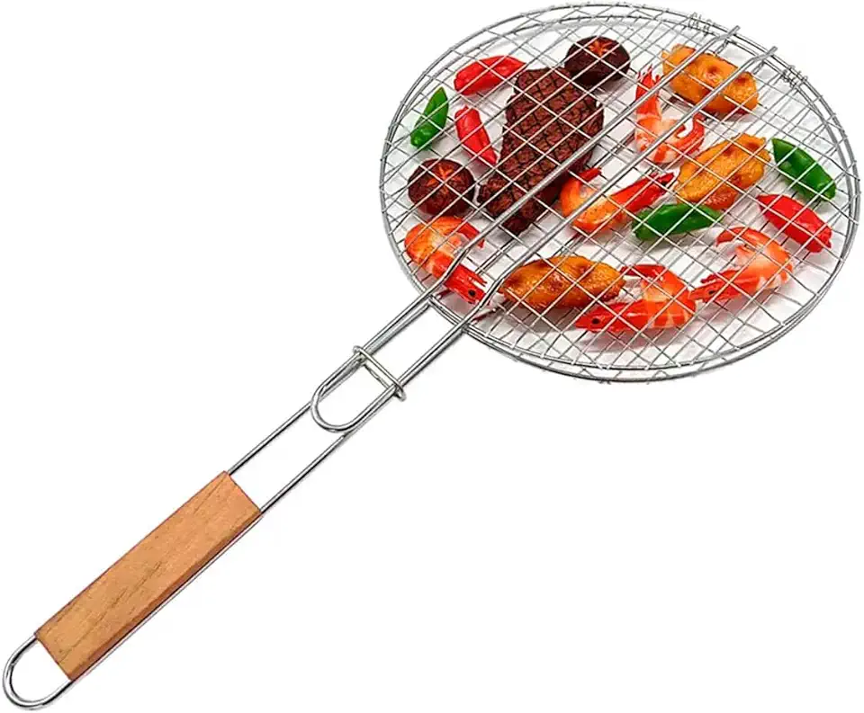 Grelha Dupla para Churrasco em Aço Inox, com Cabo de Madeira, Redonda
