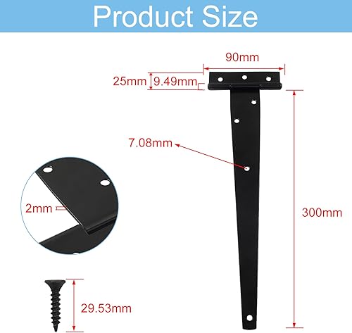 Vista 40 de Murtenze Paquete de 6 bisagras negras de 4 pulgadas con correa en T, bisagras de puerta de granero, bisagras en T para puerta de granero, cobertizo