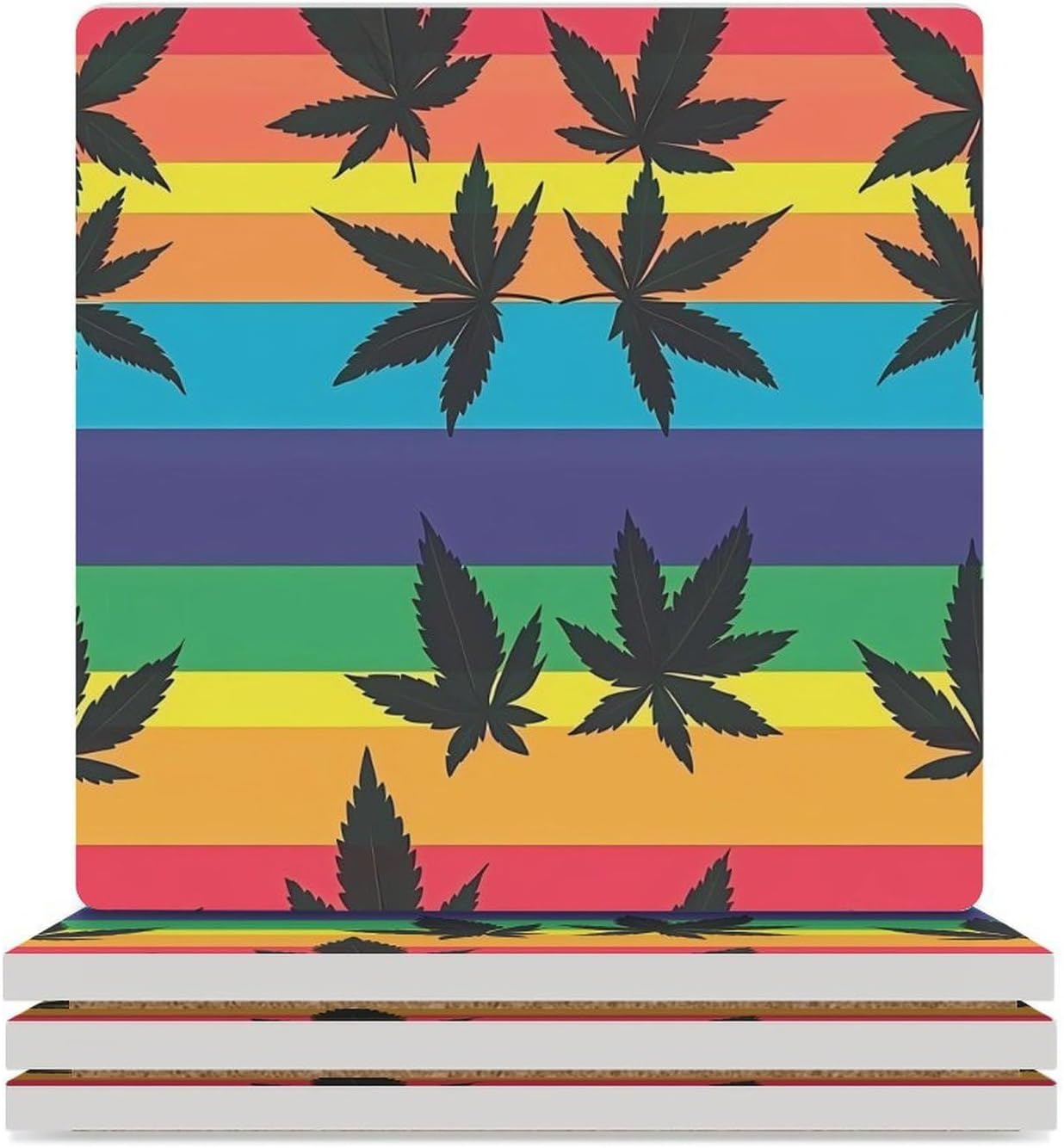 Colorful LGBT Weed Leaf Coasters for Drinks Square Table Coasters Set Cup Mats with Cork Base