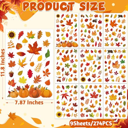 Image of 9 Sheets Fall Decorations, 274 PCS Fall Window Clings, Double Sided Autumn Stickers with Maple Leaves Pumpkin Nuts, Autumn Window Clings for Party Thanksgiving Decor Indoor Outdoor Accessories