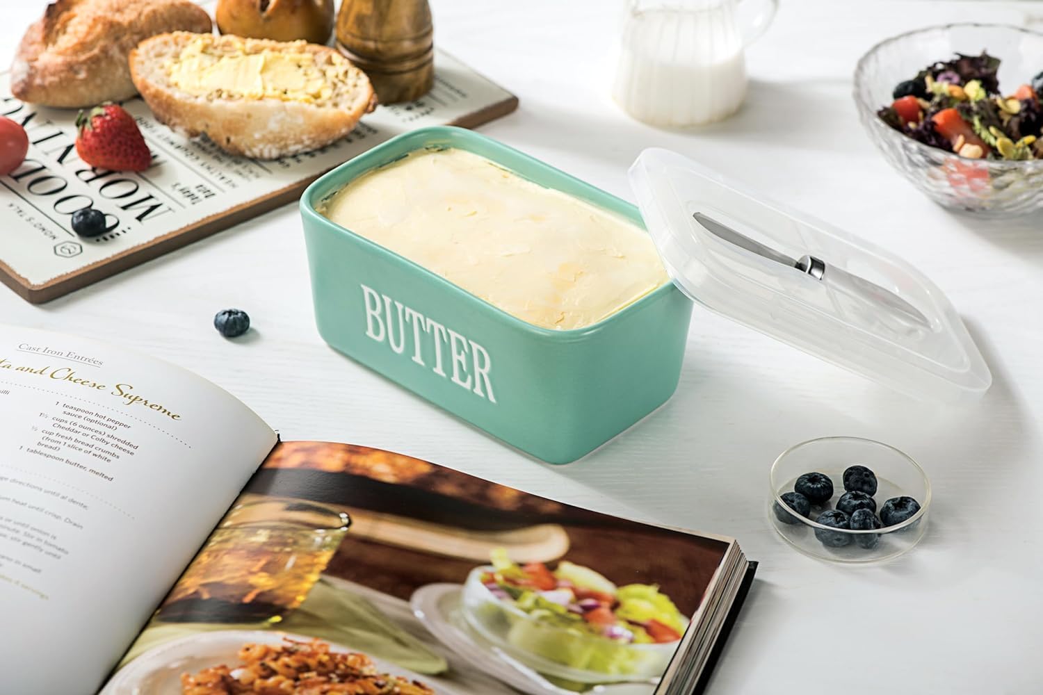 Large Butter Dish with Cover and Knife, Ceramic Butter Dish with Cover for Countertop, Butter Holder Keeper Container for Refrigerator, Airtight Sealing for Butter Fresh