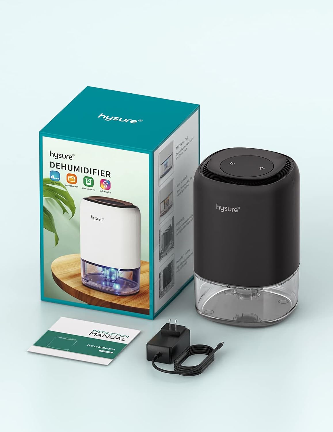 Hysure Small Dehumidifier packaging and contents.