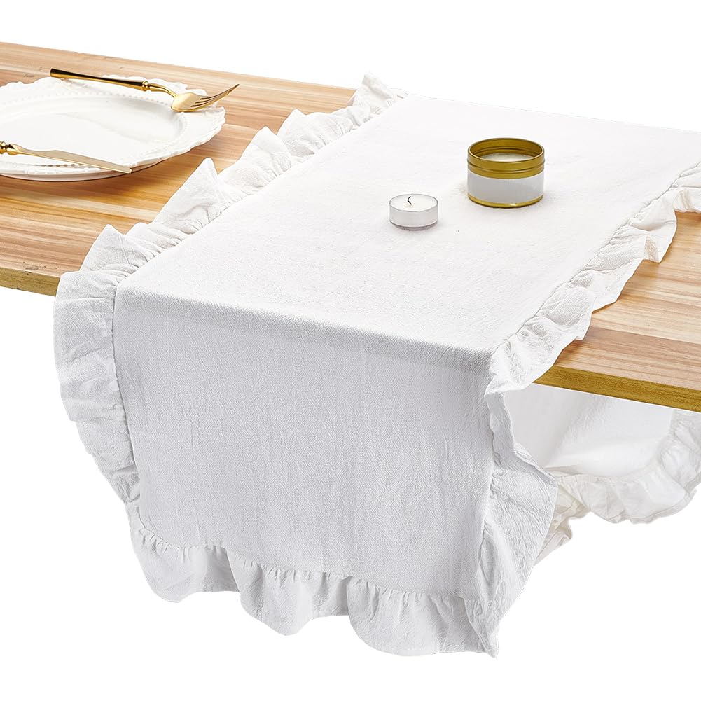 MAYJOYDIY Runner da tavola bianco increspato 40 x 170-180 cm, runner da tavola smerlato in cotone, lavabile, rustico, decorazione per casa, cucina, cena, matrimonio, sposa, festa di compleanno
